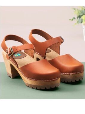 MIA Cognac Leather Clog Sandals with Buckle Ankle Strap